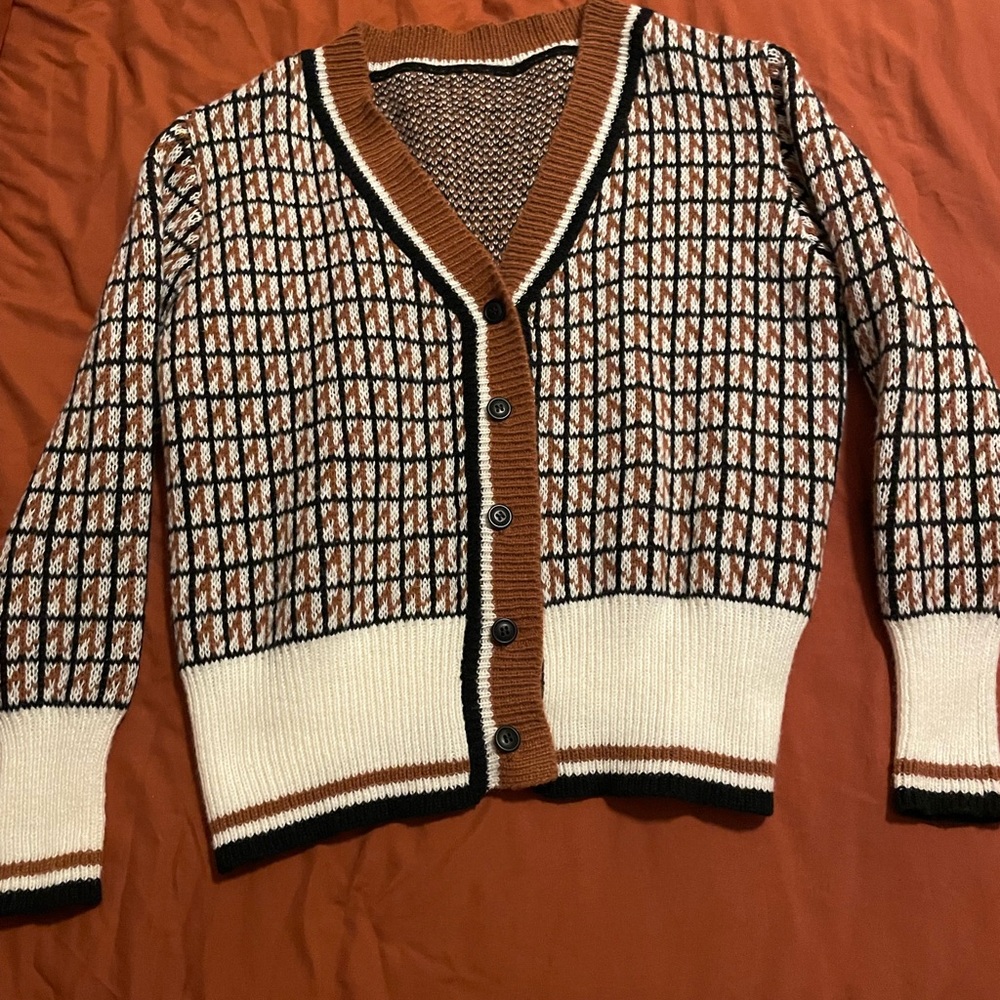 SHEIN Brown and Cream Checkered Cardigan